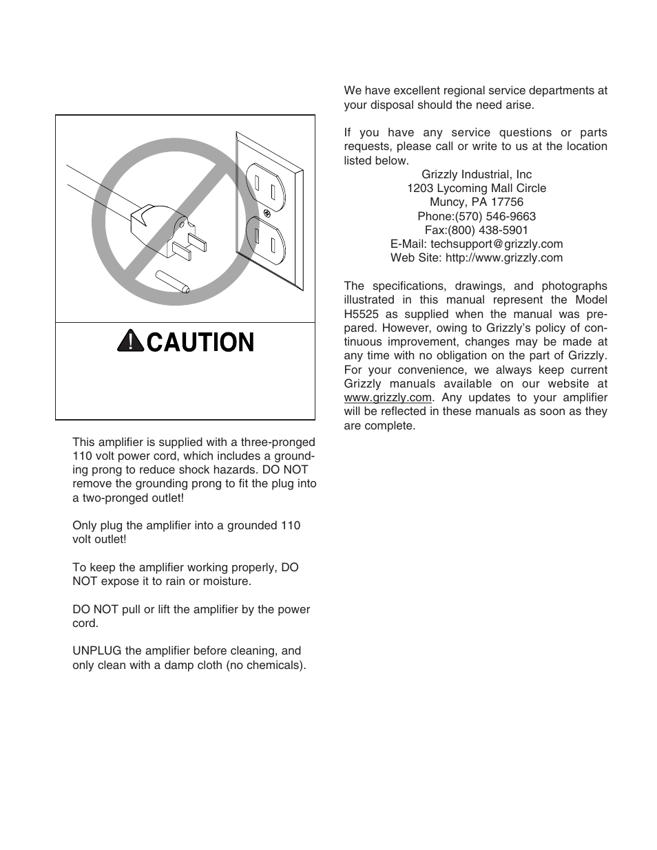 Caring for your amplifier customer service | Grizzly H5525 User Manual | Page 3 / 4