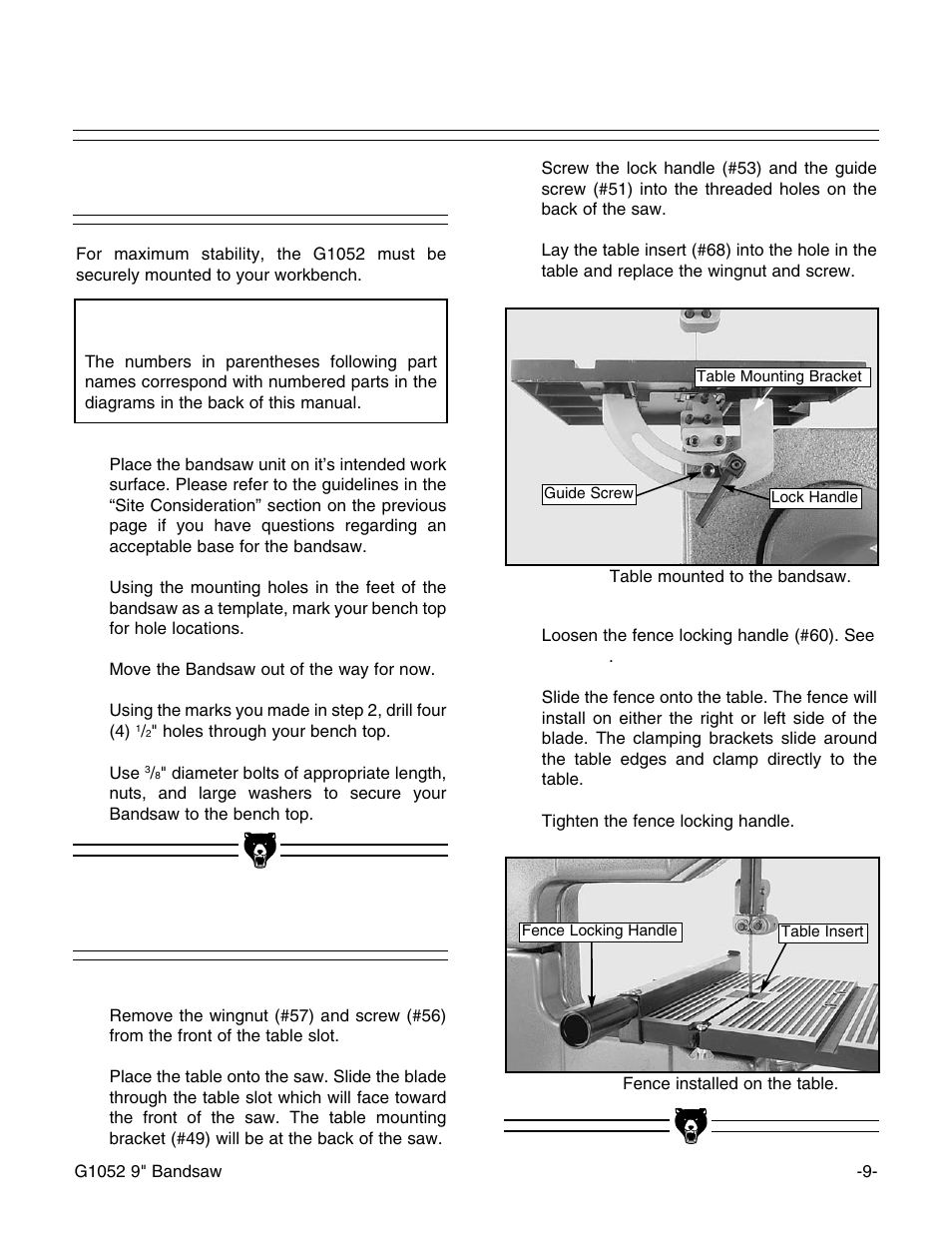 Bandsaw unit table, Notice | Grizzly G1052 User Manual | Page 11 / 34