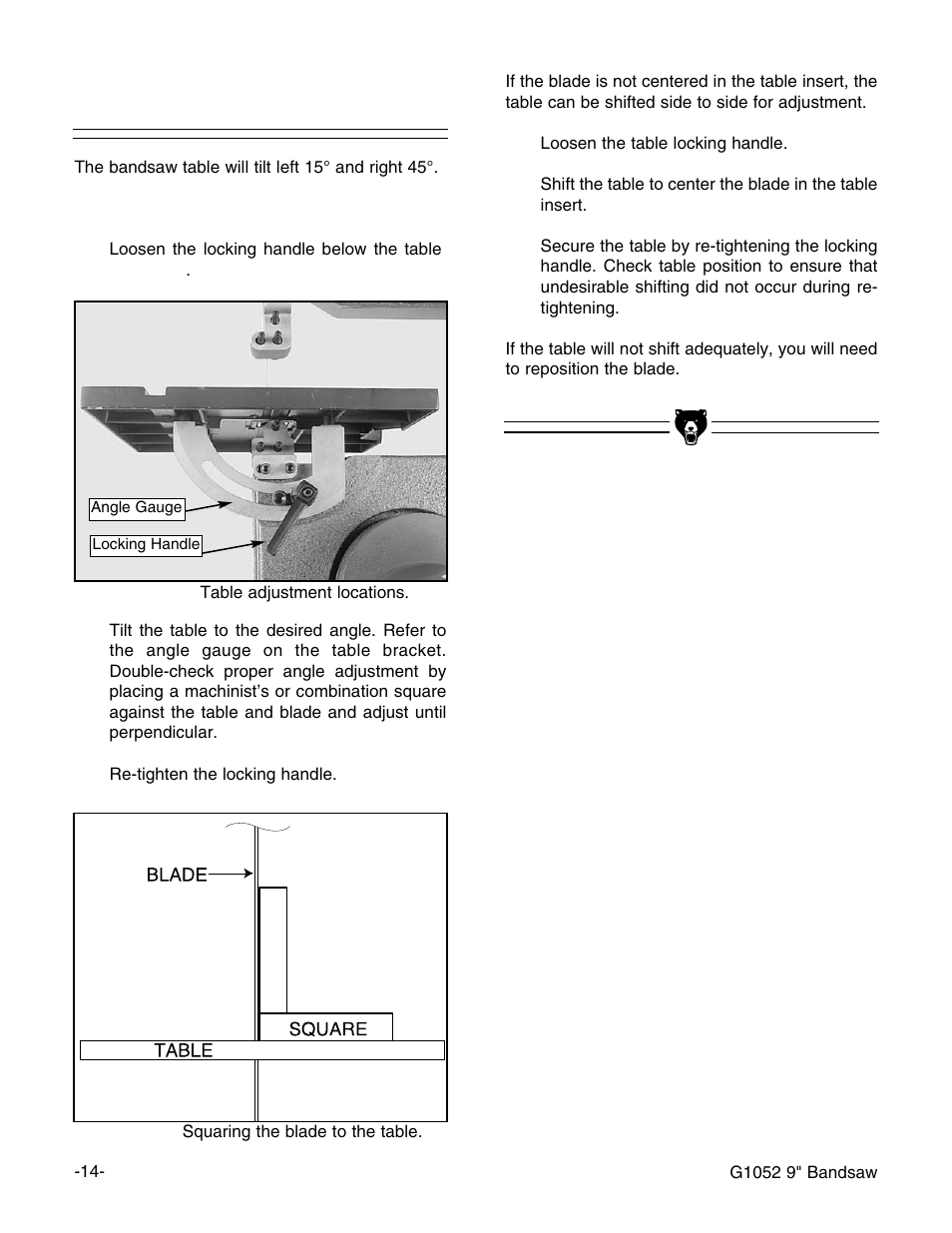 Table adjustments | Grizzly G1052 User Manual | Page 16 / 34