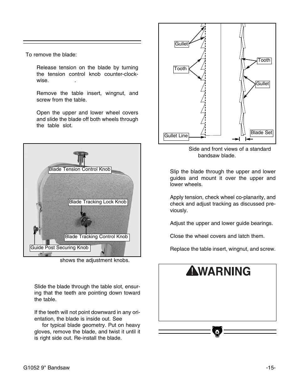 Changing blades | Grizzly G1052 User Manual | Page 17 / 34