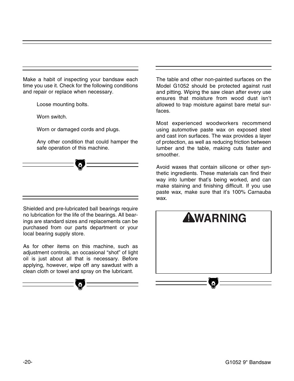 General lubrication table | Grizzly G1052 User Manual | Page 22 / 34