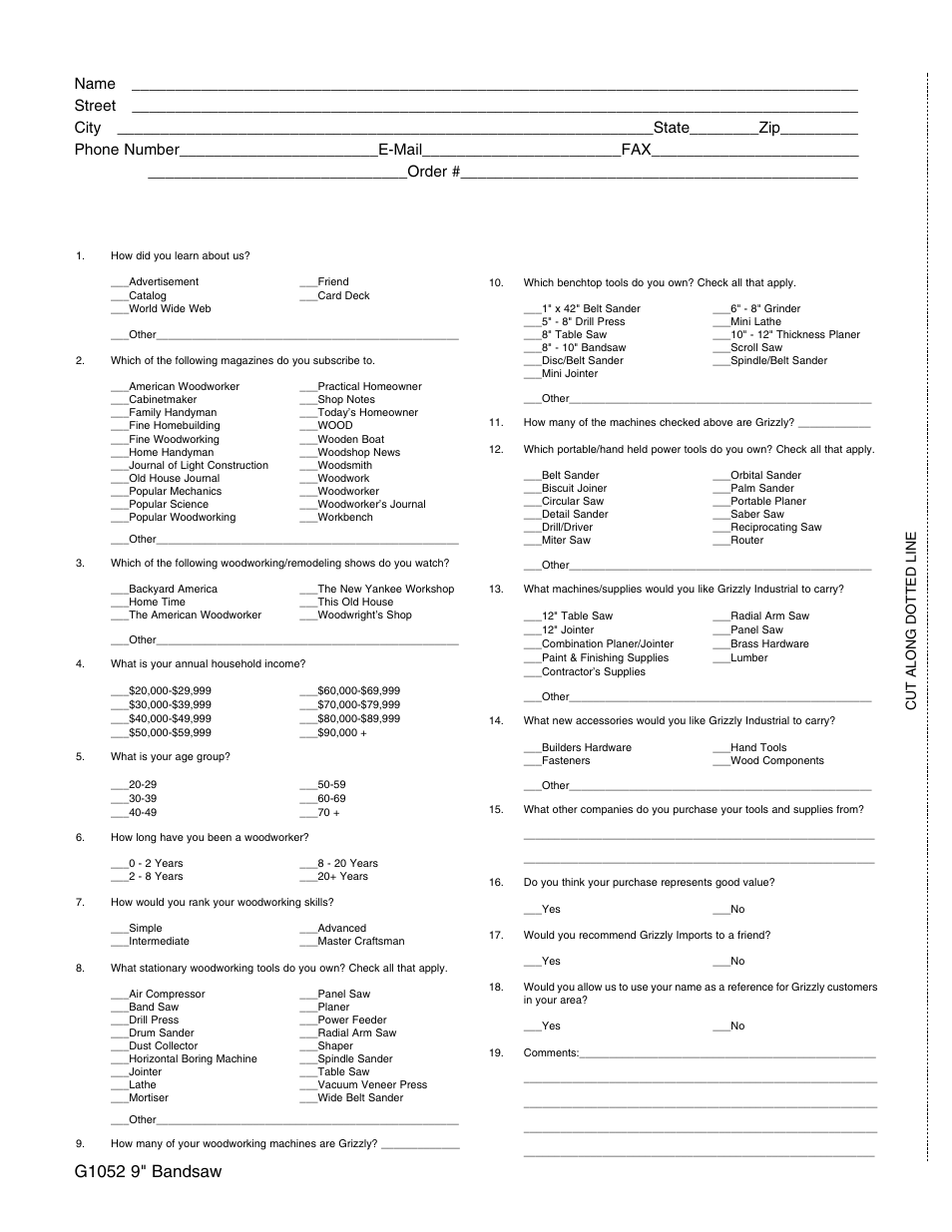 Warranty card, Cut along dotted line | Grizzly G1052 User Manual | Page 33 / 34