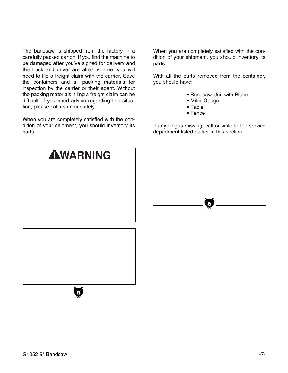 Unpacking, Parts inventory notice, Notice | Grizzly G1052 User Manual | Page 9 / 34