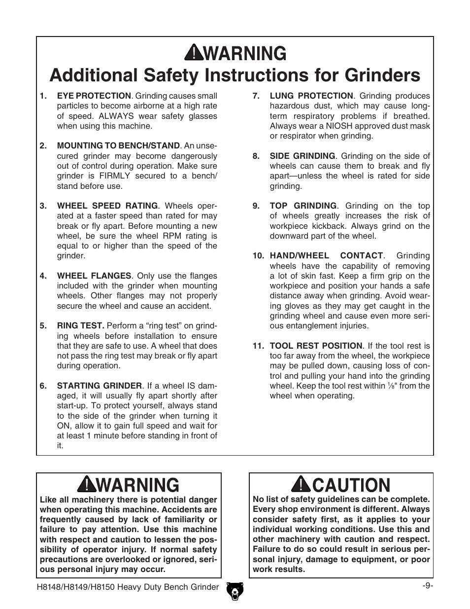 Additional safety instructions for grinders | Grizzly H8150 User Manual | Page 11 / 36