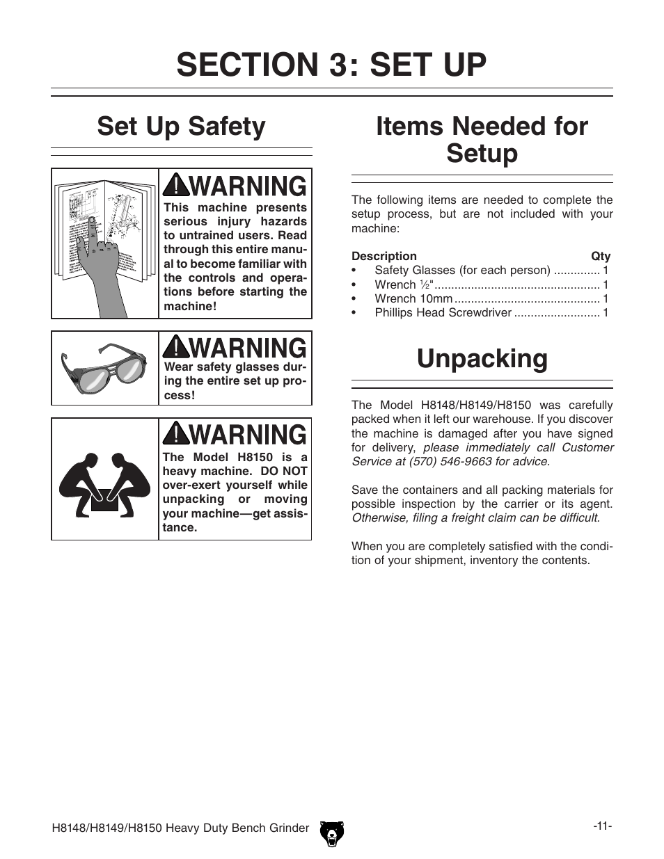 Set up safety, Items needed for setup, Unpacking | Grizzly H8150 User Manual | Page 13 / 36