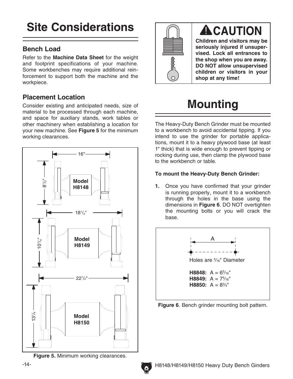 Site considerations, Mounting, Bench load | Placement location | Grizzly H8150 User Manual | Page 16 / 36