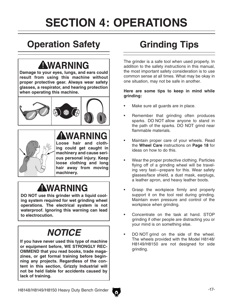 Operation safety, Notice, Grinding tips | Grizzly H8150 User Manual | Page 19 / 36