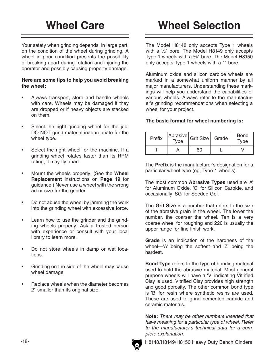 Wheel care, Wheel selection | Grizzly H8150 User Manual | Page 20 / 36