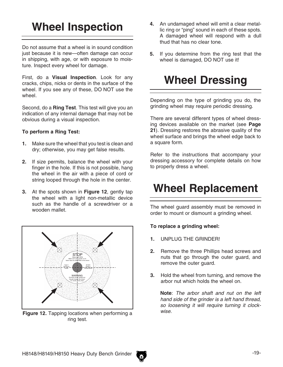 Wheel inspection, Wheel dressing, Wheel replacement | Grizzly H8150 User Manual | Page 21 / 36