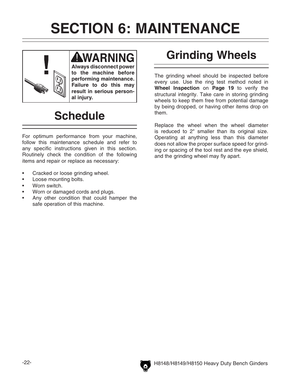 Schedule, Grinding wheels | Grizzly H8150 User Manual | Page 24 / 36