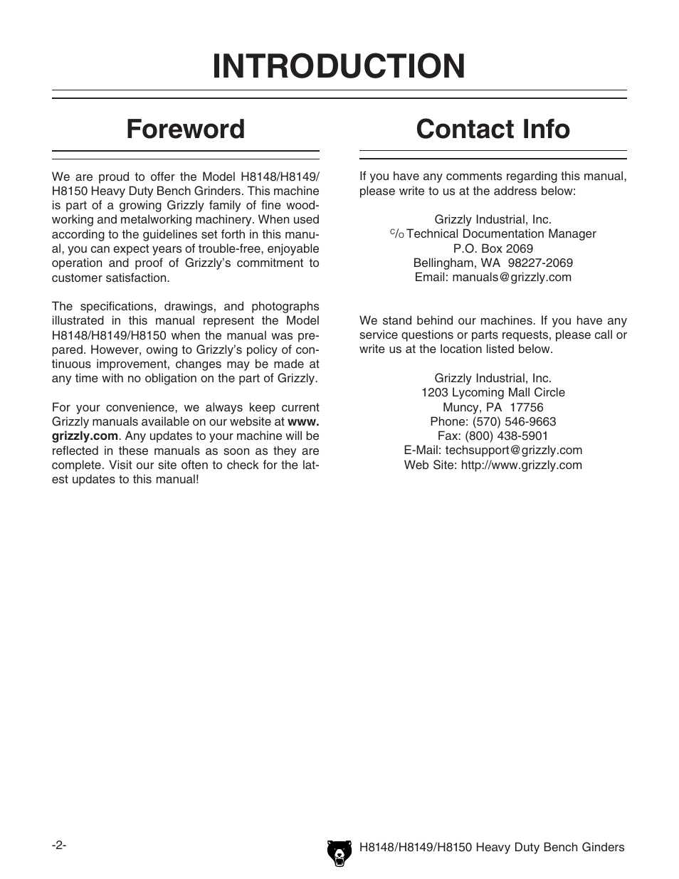 Introduction, Foreword, Contact info | Grizzly H8150 User Manual | Page 4 / 36