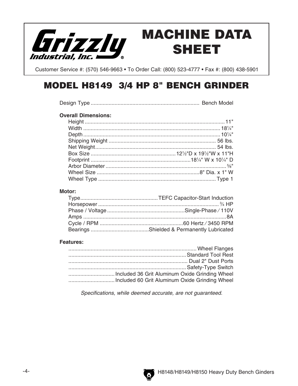 Grizzly H8150 User Manual | Page 6 / 36