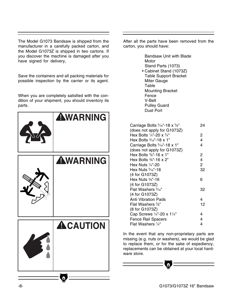 Piece inventory, Unpacking | Grizzly G1073/G1073Z User Manual | Page 10 / 48