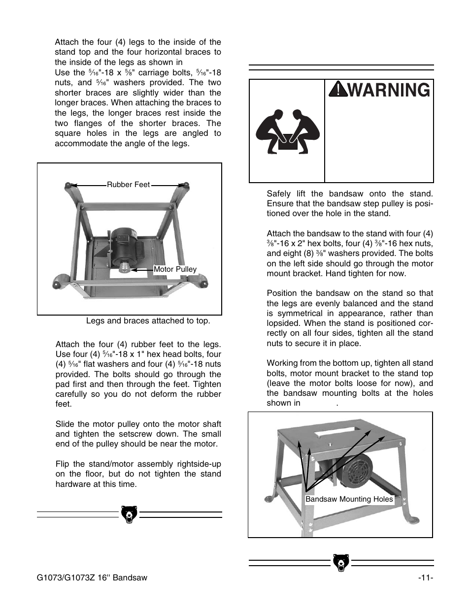 Bandsaw to stand | Grizzly G1073/G1073Z User Manual | Page 13 / 48