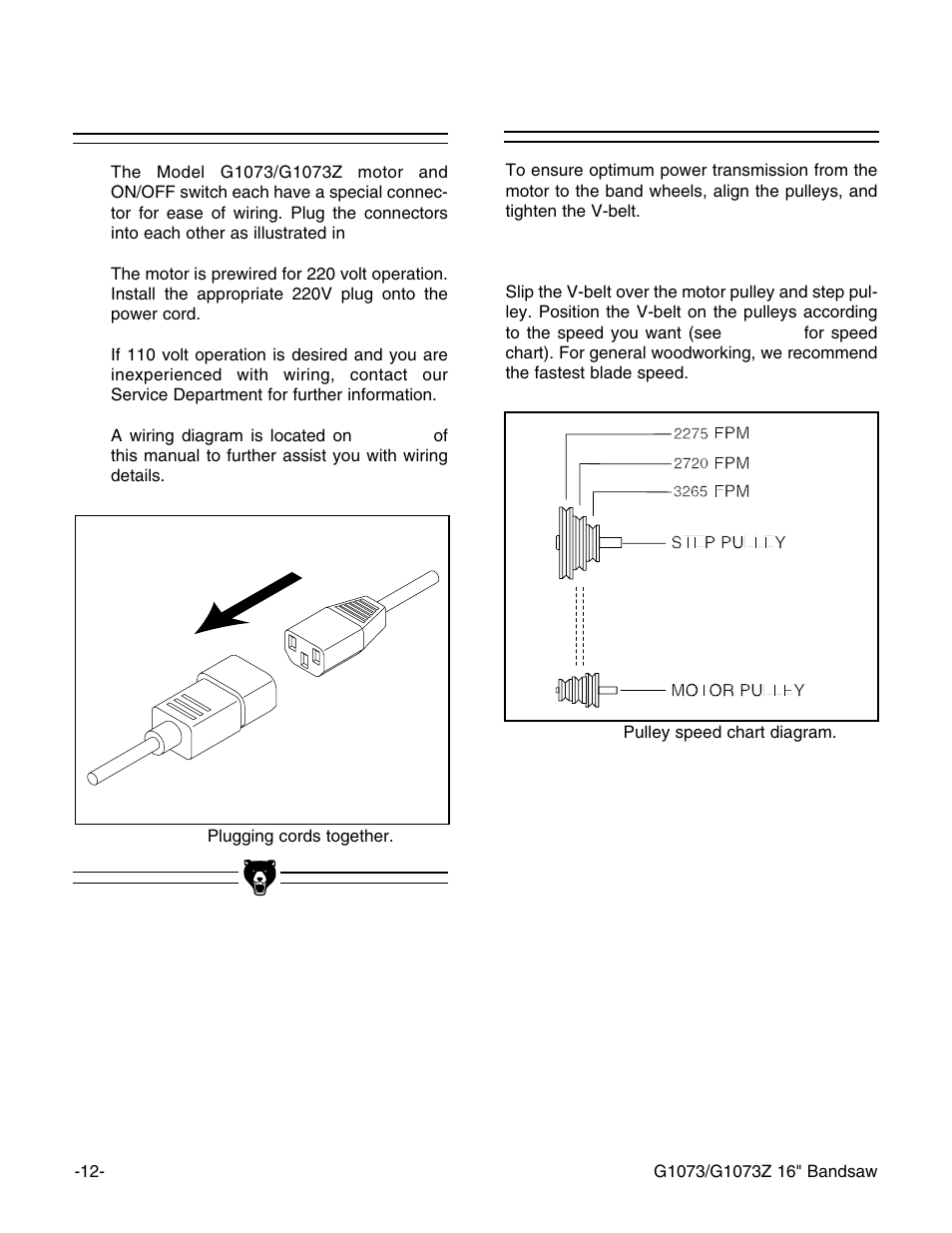 V-belt, Wiring the motor | Grizzly G1073/G1073Z User Manual | Page 14 / 48