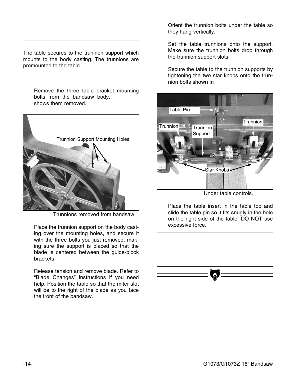 Working table, Notice | Grizzly G1073/G1073Z User Manual | Page 16 / 48