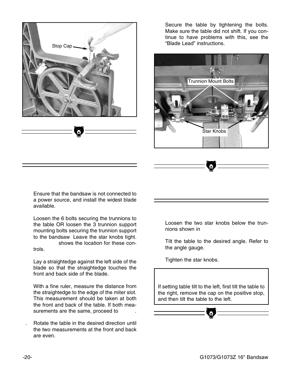 Table tilt, Table parallelism, Notice | Grizzly G1073/G1073Z User Manual | Page 22 / 48
