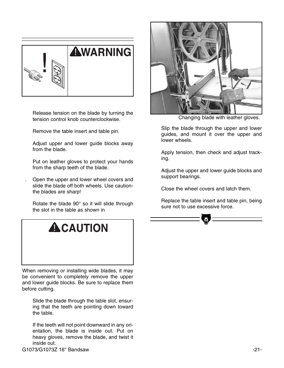 Blade changes | Grizzly G1073/G1073Z User Manual | Page 23 / 48