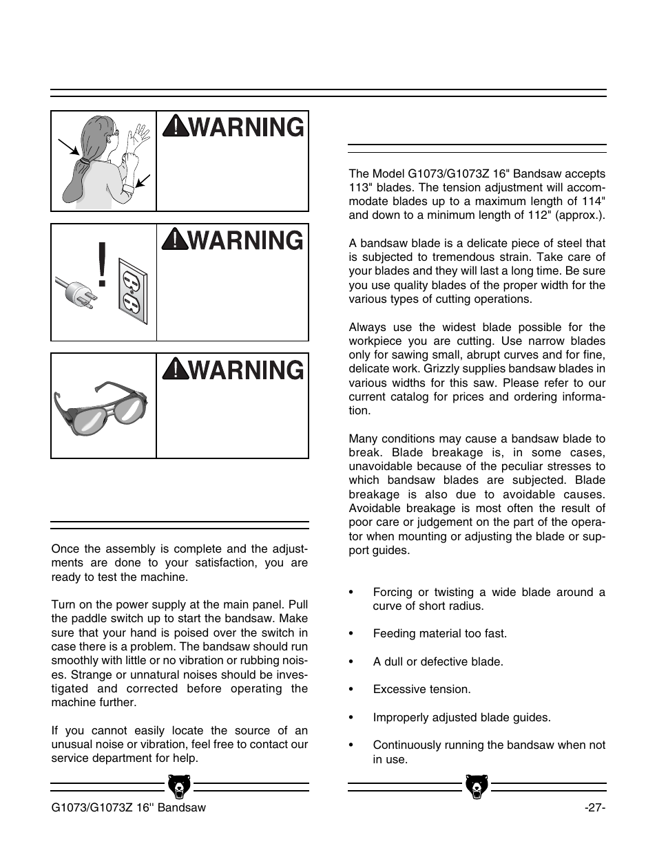 Test run blade selections | Grizzly G1073/G1073Z User Manual | Page 29 / 48