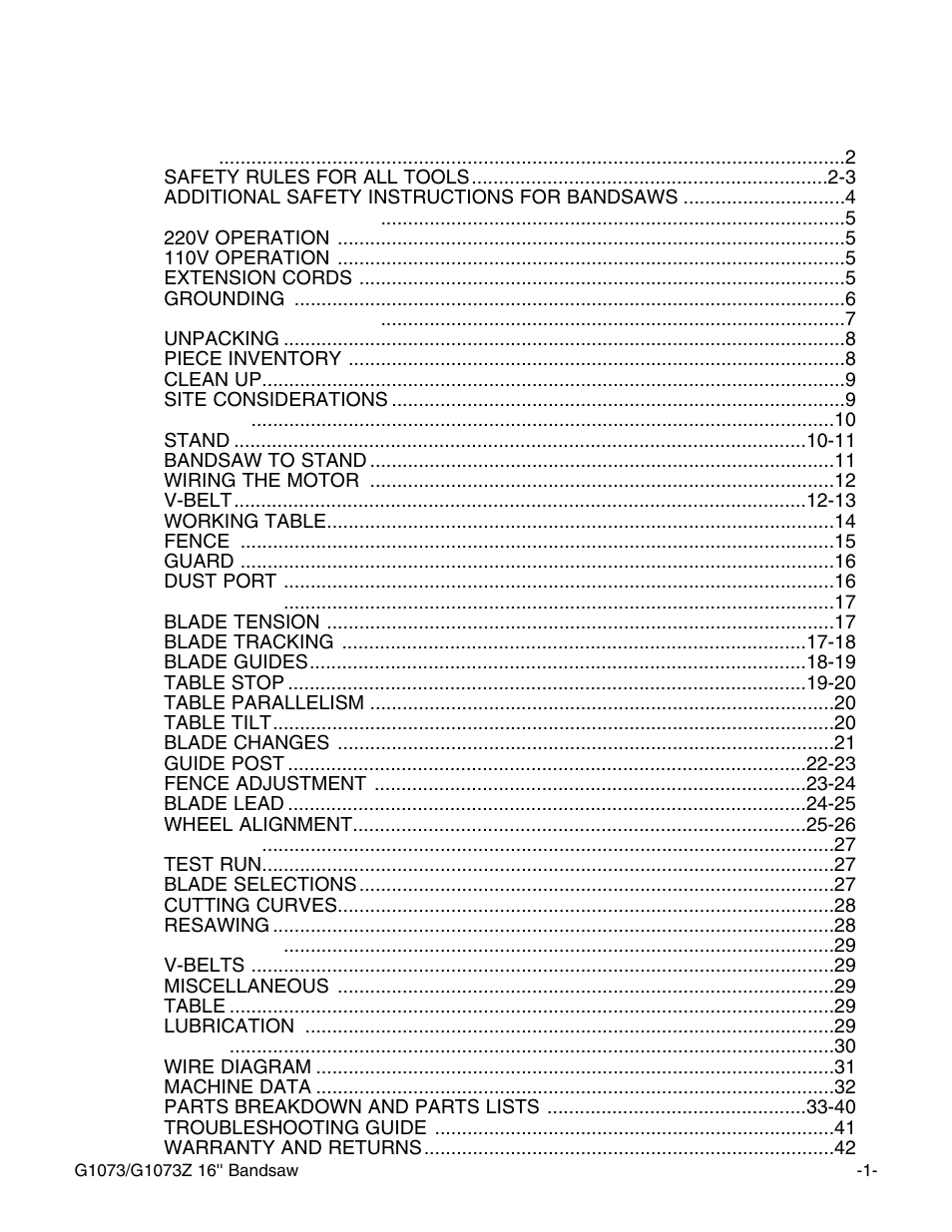 Grizzly G1073/G1073Z User Manual | Page 3 / 48