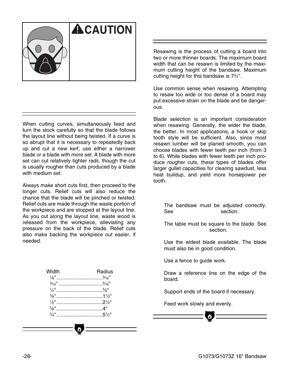 Cutting curves, Resawing | Grizzly G1073/G1073Z User Manual | Page 30 / 48