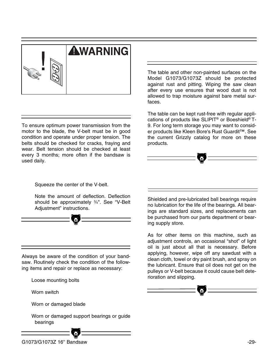 V-belts, Table, Lubrication | Miscellaneous | Grizzly G1073/G1073Z User Manual | Page 31 / 48