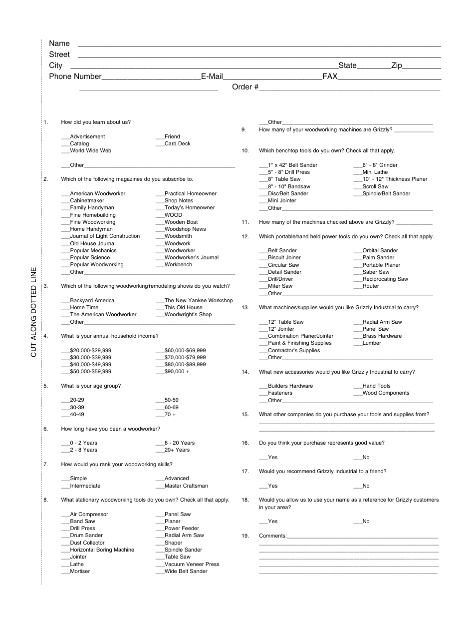 Warranty card, Cut along dotted line | Grizzly G1073/G1073Z User Manual | Page 45 / 48