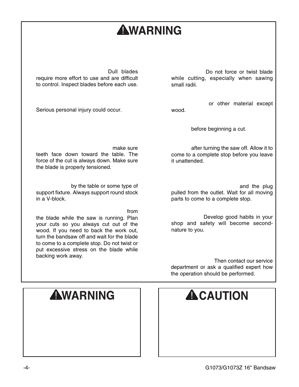 Additional safety instructions for bandsaws | Grizzly G1073/G1073Z User Manual | Page 6 / 48