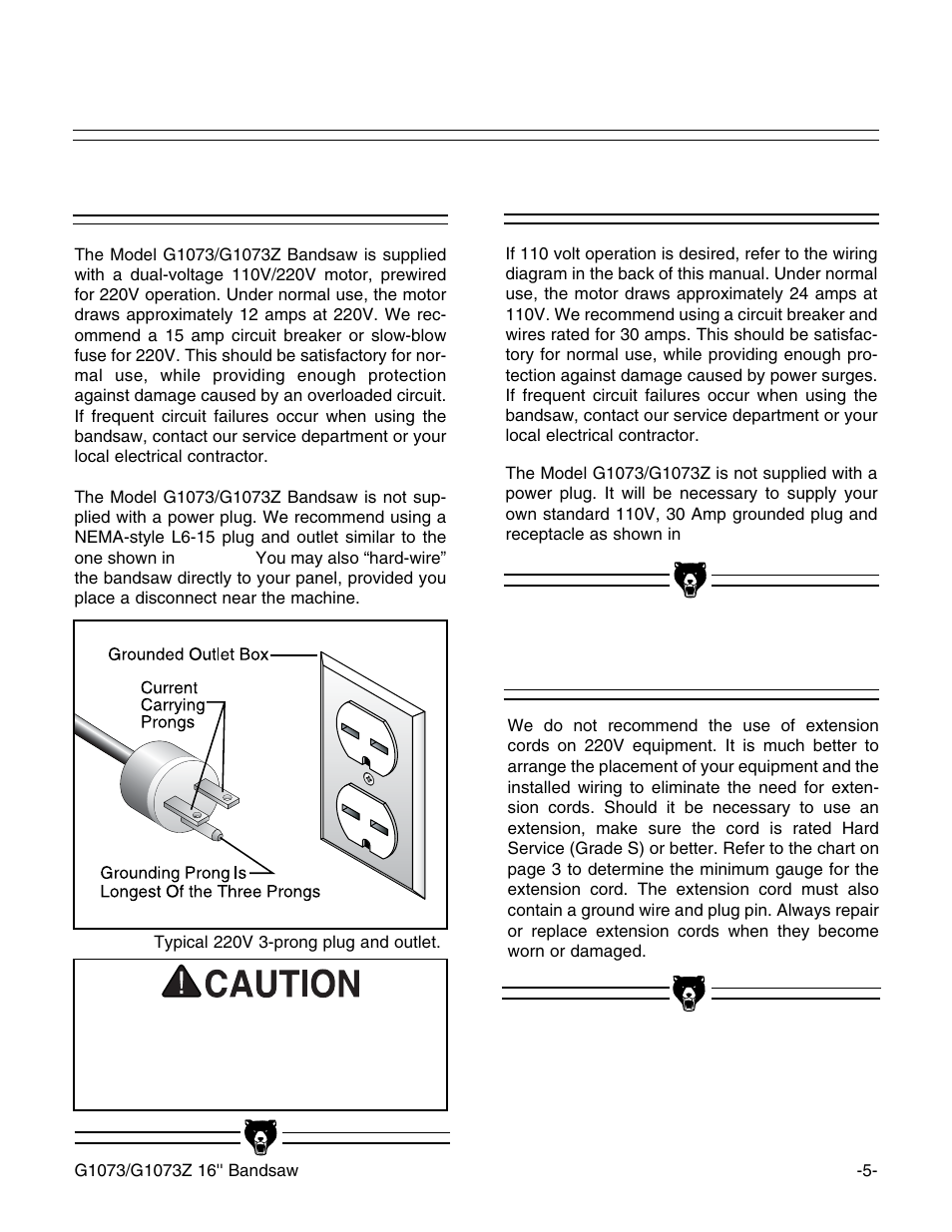 220v operation, 110v operation, Extension cords | Grizzly G1073/G1073Z User Manual | Page 7 / 48