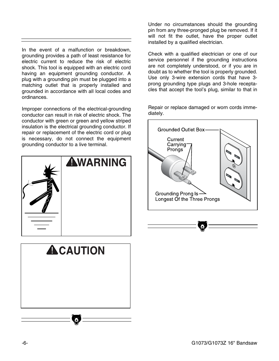 Grounding | Grizzly G1073/G1073Z User Manual | Page 8 / 48