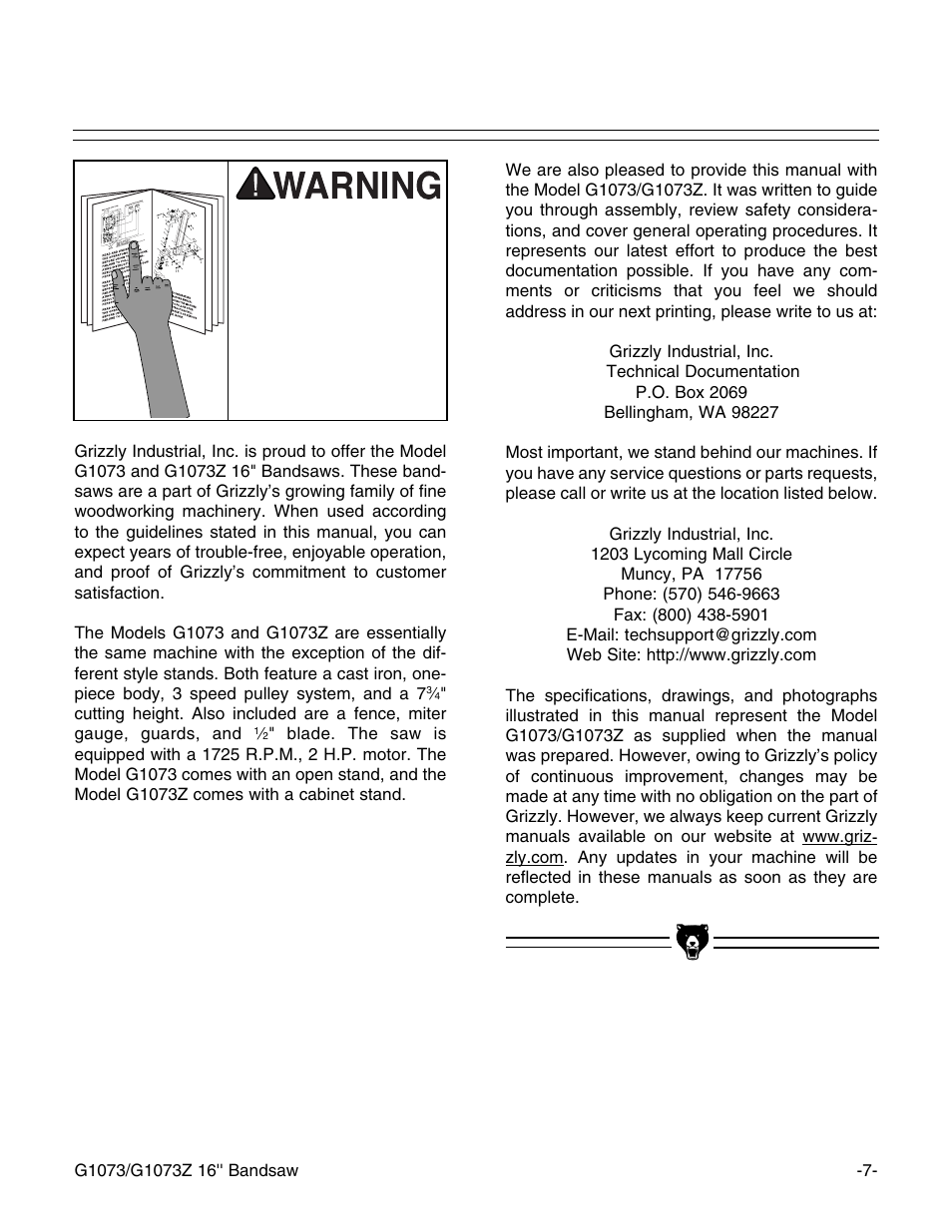 Grizzly G1073/G1073Z User Manual | Page 9 / 48