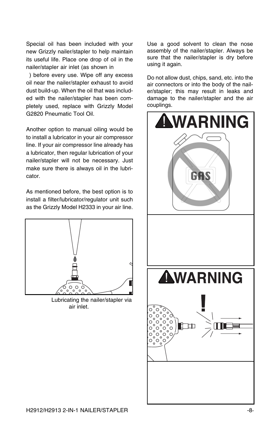 Cleaning the nailer/stapler, Oiling the nailer/stapler | Grizzly H2912/H2913 User Manual | Page 9 / 20