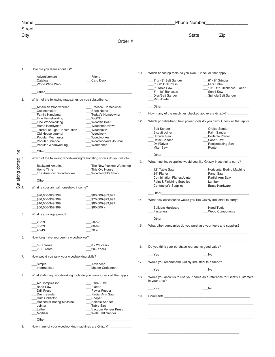 Warranty card, Cut along dotted line | Grizzly G1852 User Manual | Page 26 / 27