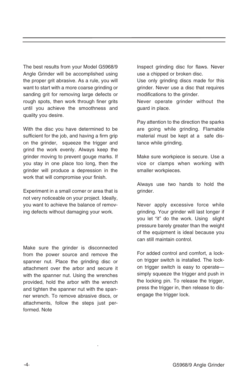 Operation instructions, Selecting abrasive, Installing abrasive disc or attachments | Using the grinder | Grizzly G5969 User Manual | Page 6 / 14