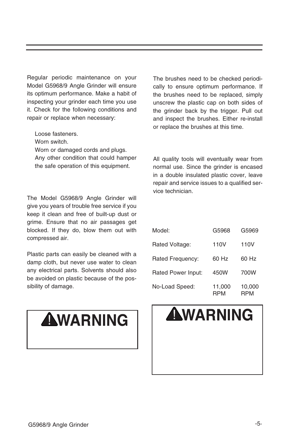 Maintenance, Technical data, Brushes | Repair and service, General, Keeping tool clean | Grizzly G5969 User Manual | Page 7 / 14