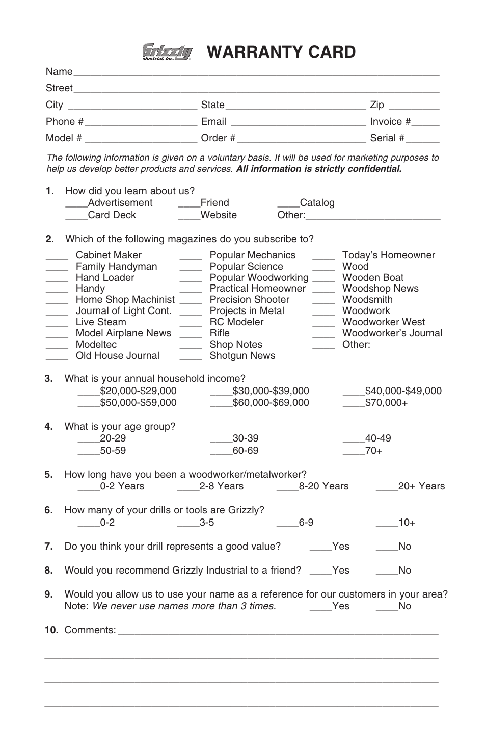 Warranty card | Grizzly H7859 User Manual | Page 11 / 12