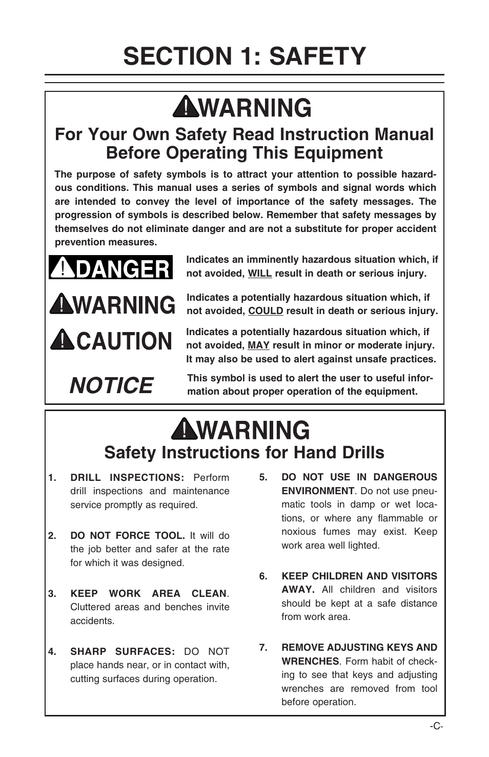Notice, Safety instructions for hand drills | Grizzly H7859 User Manual | Page 3 / 12