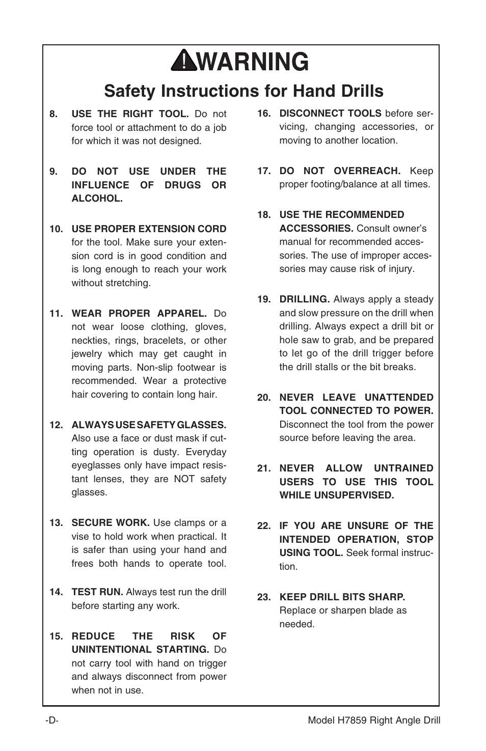 Safety instructions for hand drills | Grizzly H7859 User Manual | Page 4 / 12