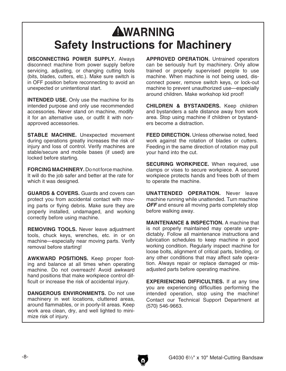 Safety instructions for machinery | Grizzly G4030 User Manual | Page 10 / 48
