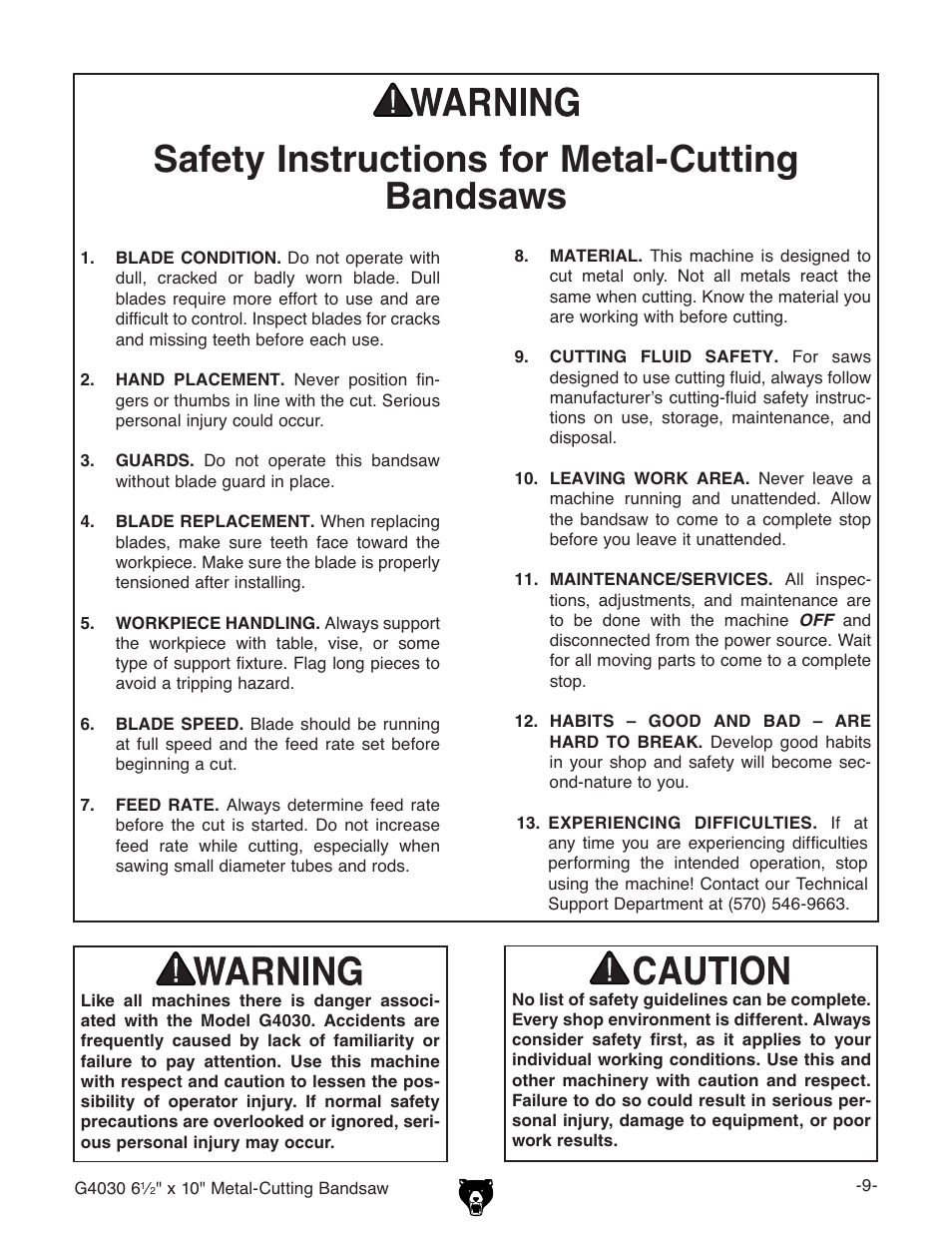 Safety instructions for metal-cutting bandsaws | Grizzly G4030 User Manual | Page 11 / 48
