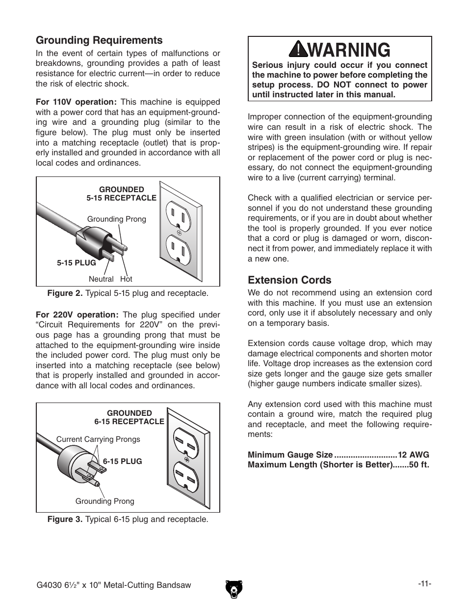 Extension cords, Grounding requirements | Grizzly G4030 User Manual | Page 13 / 48