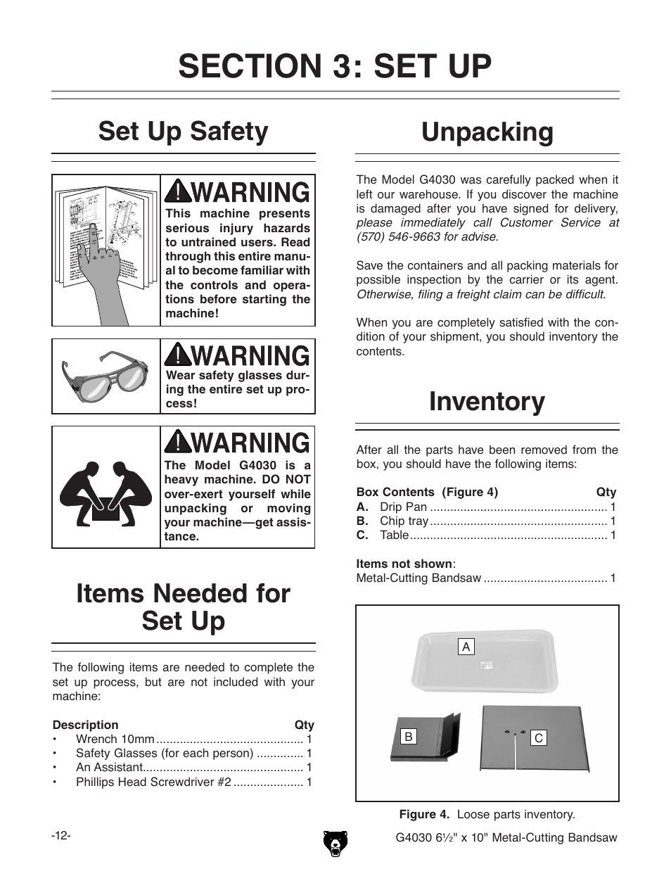 Unpacking set up safety, Items needed for set up inventory | Grizzly G4030 User Manual | Page 14 / 48