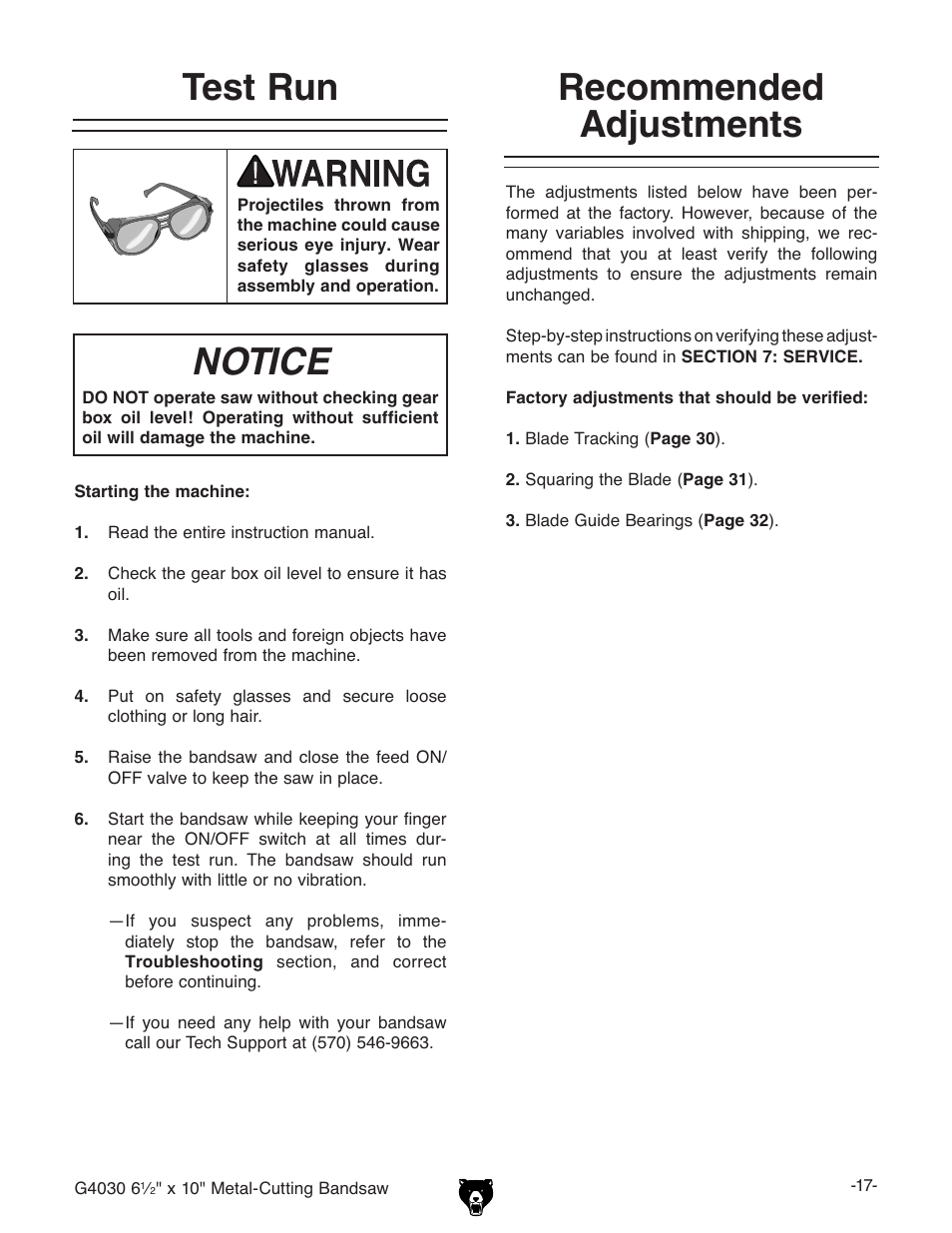 Recommended adjustments test run notice | Grizzly G4030 User Manual | Page 19 / 48
