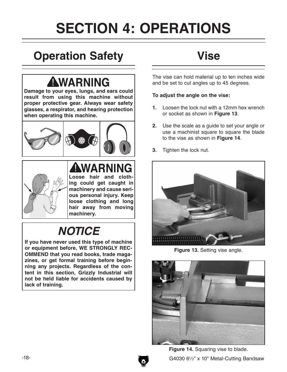 Operation safety, Notice, Vise | Grizzly G4030 User Manual | Page 20 / 48