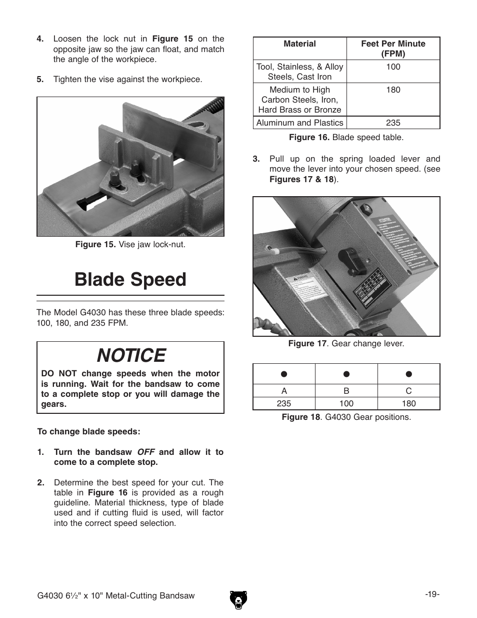 Blade speed, Notice | Grizzly G4030 User Manual | Page 21 / 48