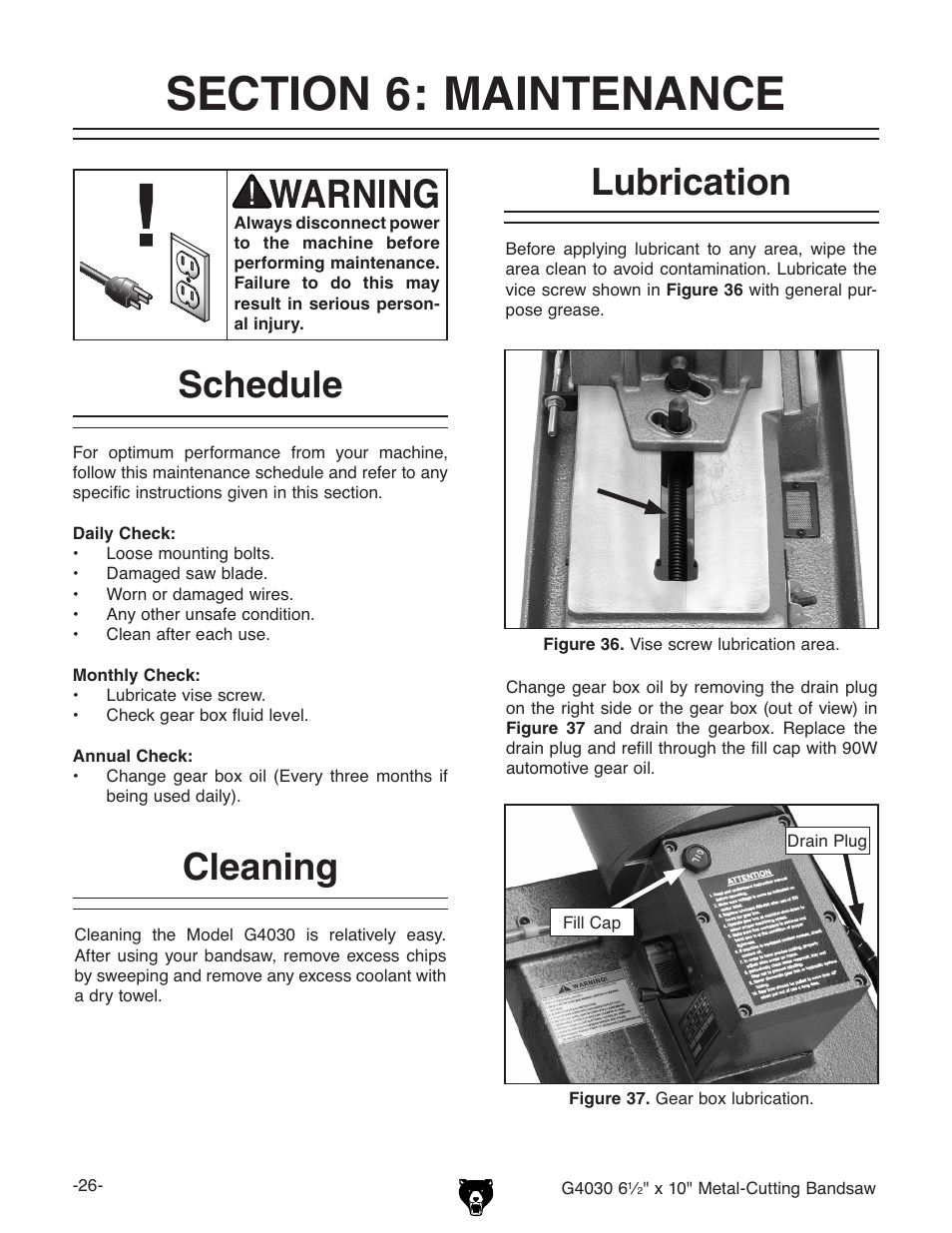Lubrication, Cleaning, Schedule | Grizzly G4030 User Manual | Page 28 / 48