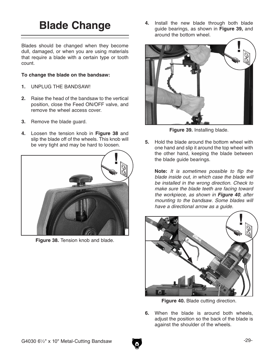 Blade change | Grizzly G4030 User Manual | Page 31 / 48