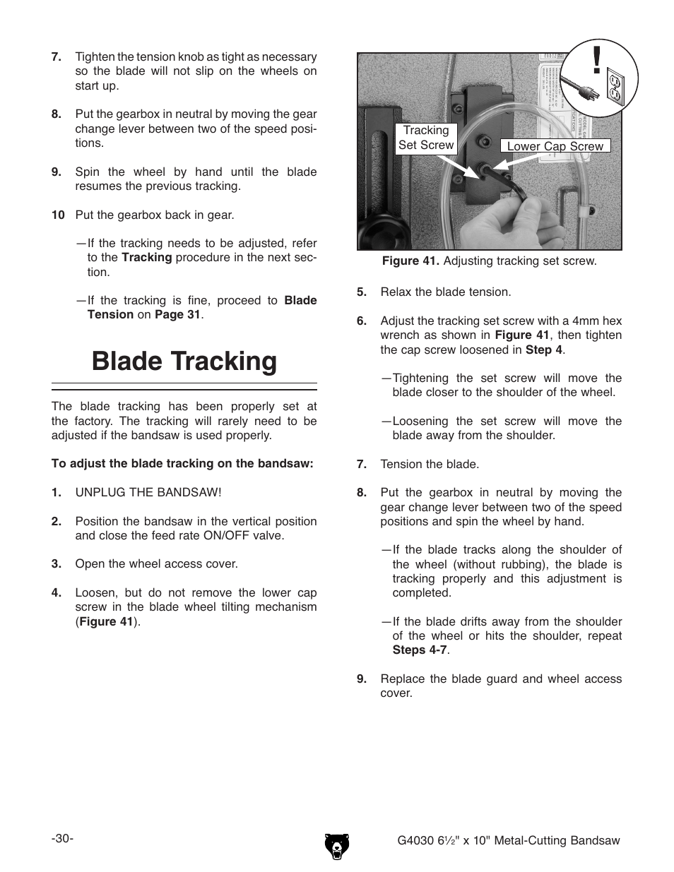 Blade tracking | Grizzly G4030 User Manual | Page 32 / 48