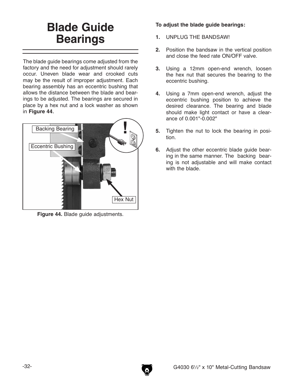 Blade guide bearings | Grizzly G4030 User Manual | Page 34 / 48