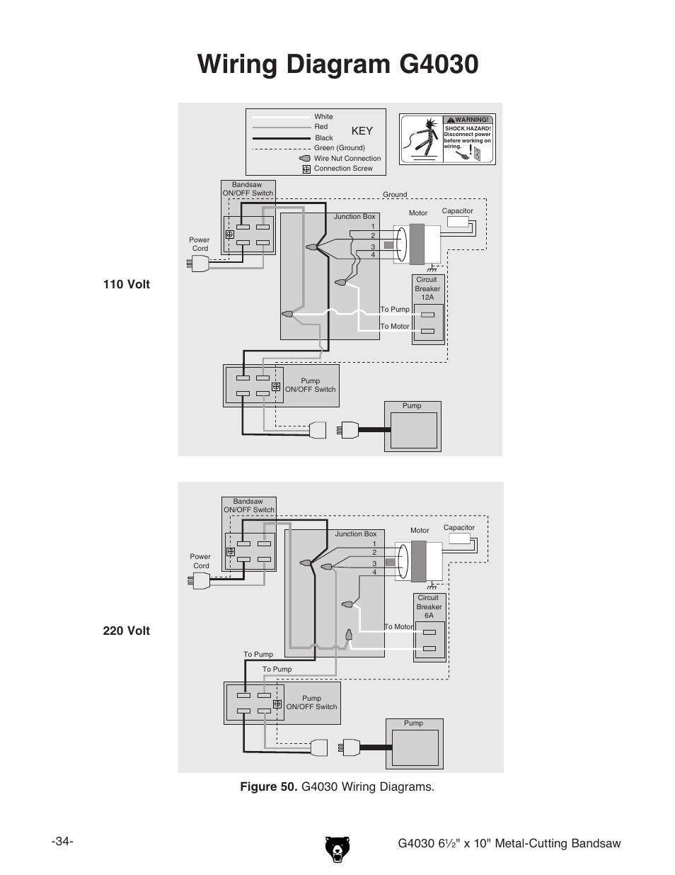 Wiring diagram g4030, X 10" metal-cutting bandsaw | Grizzly G4030 User Manual | Page 36 / 48
